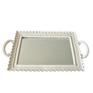 Vintage Distress White Resin Embossed Rectangular Mirror Accent Tray W/ Handles